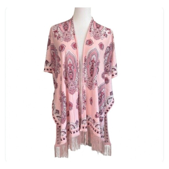 Light Pink Sheer Fringe Scarf Paisley Shawl Kimono One Size Boho - Picture 1 of 10